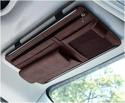 Yourkar Car Sun Visor Organizer, Soft Leather Surface Eyeglasses Note Card Holder Car Storage Bag, Scratch-Resistant Waterproof Auto Sunshade Organizer Bag, Car Accessories (Gray)