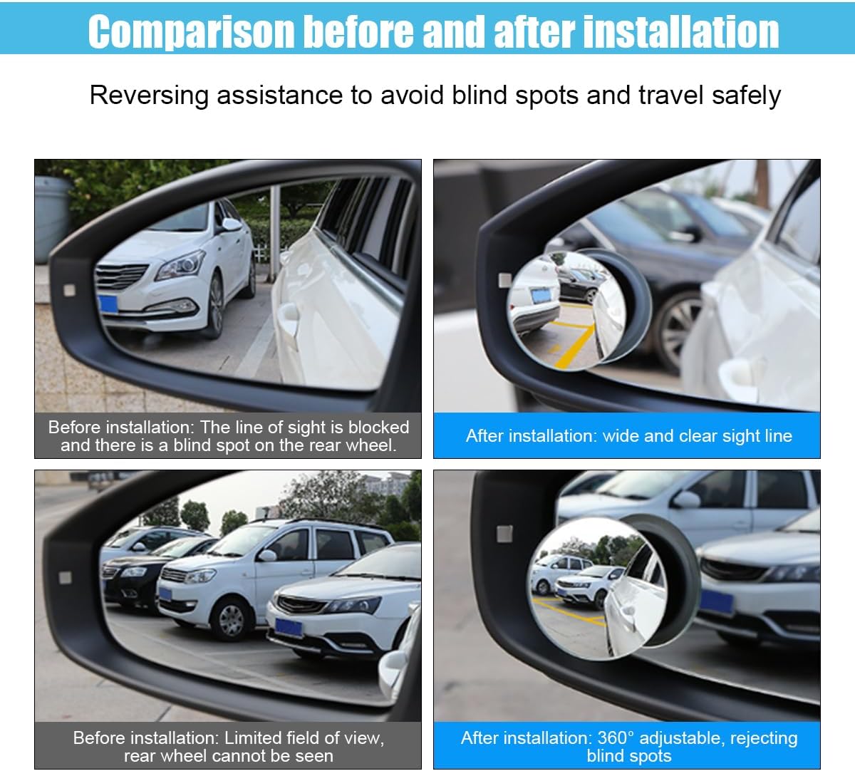 GLSOWEE Car Blind Spot Mirror, 2"" Round Convex Mirror, Frameless HD Glass Rear View Mirror with Wide Angle Adjustable Stick, Universal Vehicle Exterior Accessories for Car SUV Truck (2 PCS)