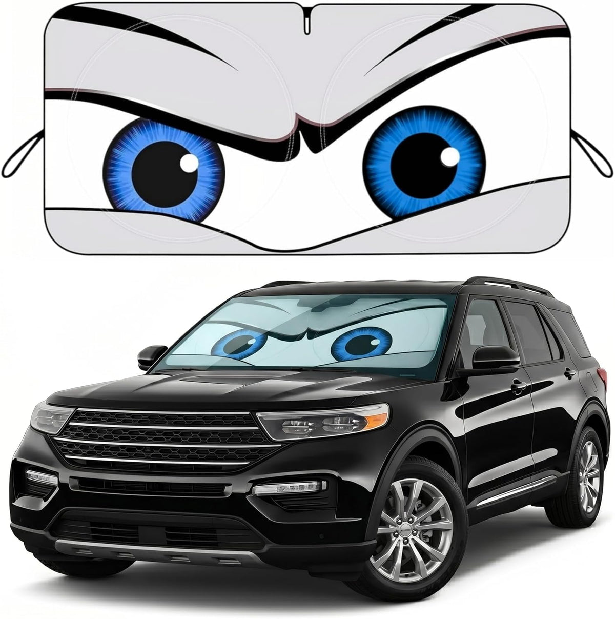 Car Windshield Sun Shade, Funny Cartoon Eyes Sun Visor for Car Windshield Universal Fits Sedan Compact Car Hatchback SUV, UV Heat Protection - 59 x 27.5