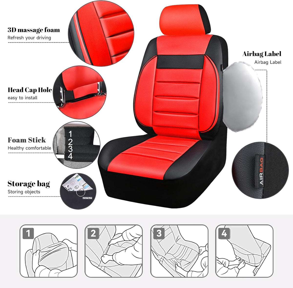 CAR PASS Faux Leather Car Seat Covers Front Seats Only, 3D Foam Support Car Seat Covers, Universal fit for Trucks Vans SUVs Sedans Automotive Comfortable, Airbag Compatible 2 Pieces Front Solid Black