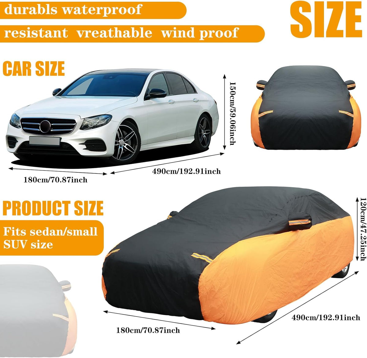 Riakrum Full Car Cover Waterproof All Weather for Automobiles Windproof Cover Rain UV Protection Sun Scratch Resistant Outdoor Universal(Fit Sedan Length (185-193'') 70'' H,Black, Orange)