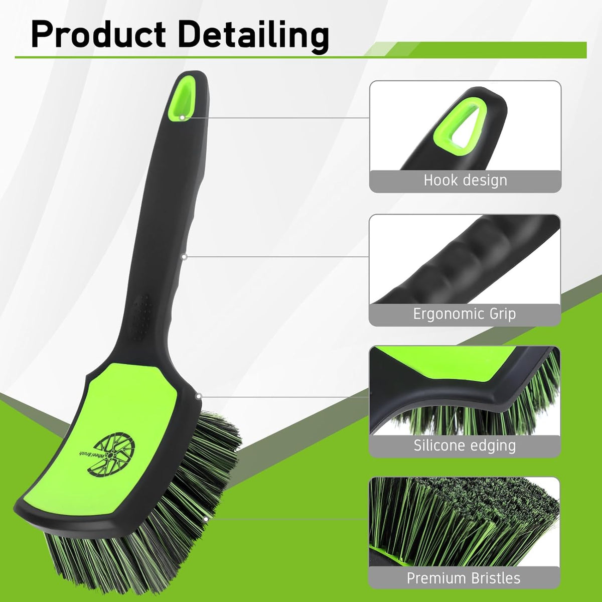 MVEQRRN 2-Pack Car Wheel Tire Detailing Brush Set:Wheel Cleaner Brush with Soft Bristles,Stiff Bristle Cleaning Brush with Rubber Handle for Deep Clean Car Tire Rims, Fenders or Carpet(Black Green)