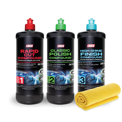 LAUCO Paint Correction Compounds Step 1, 2, 3, Swirl Remover 8oz Kits, with a Towel, Silicone-Free, Clear Coat Safe Scratch Remover, Swirl Correction & High Gloss Finishing