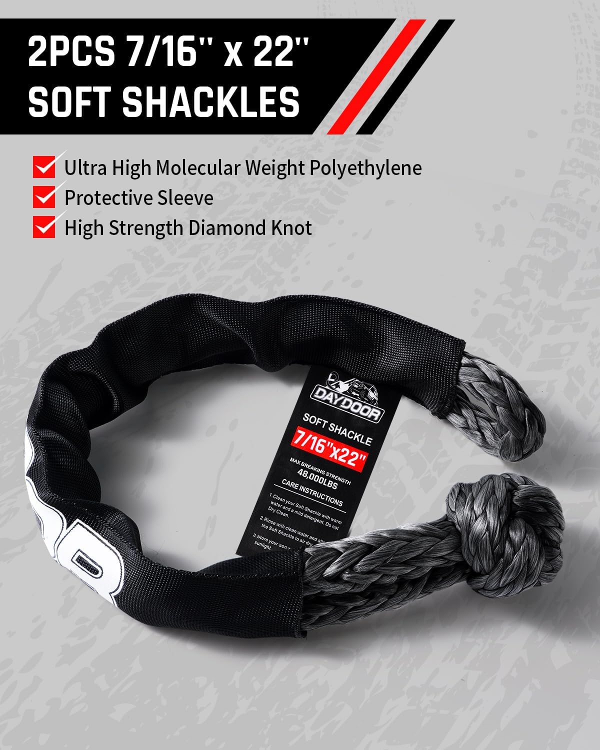 DAYDOOR Recovery Tow Rope Kit with 2 Soft Shackles, 7/16 Inch x 30 ft 31,200 Lbs UHMWPE Tow Strap, Synthetic Towing Rope Recovery Kit for ATV, UTV, SUV, Cars (Gray)