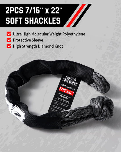 DAYDOOR Recovery Tow Rope Kit with 2 Soft Shackles, 7/16 Inch x 30 ft 31,200 Lbs UHMWPE Tow Strap, Synthetic Towing Rope Recovery Kit for ATV, UTV, SUV, Cars (Gray)