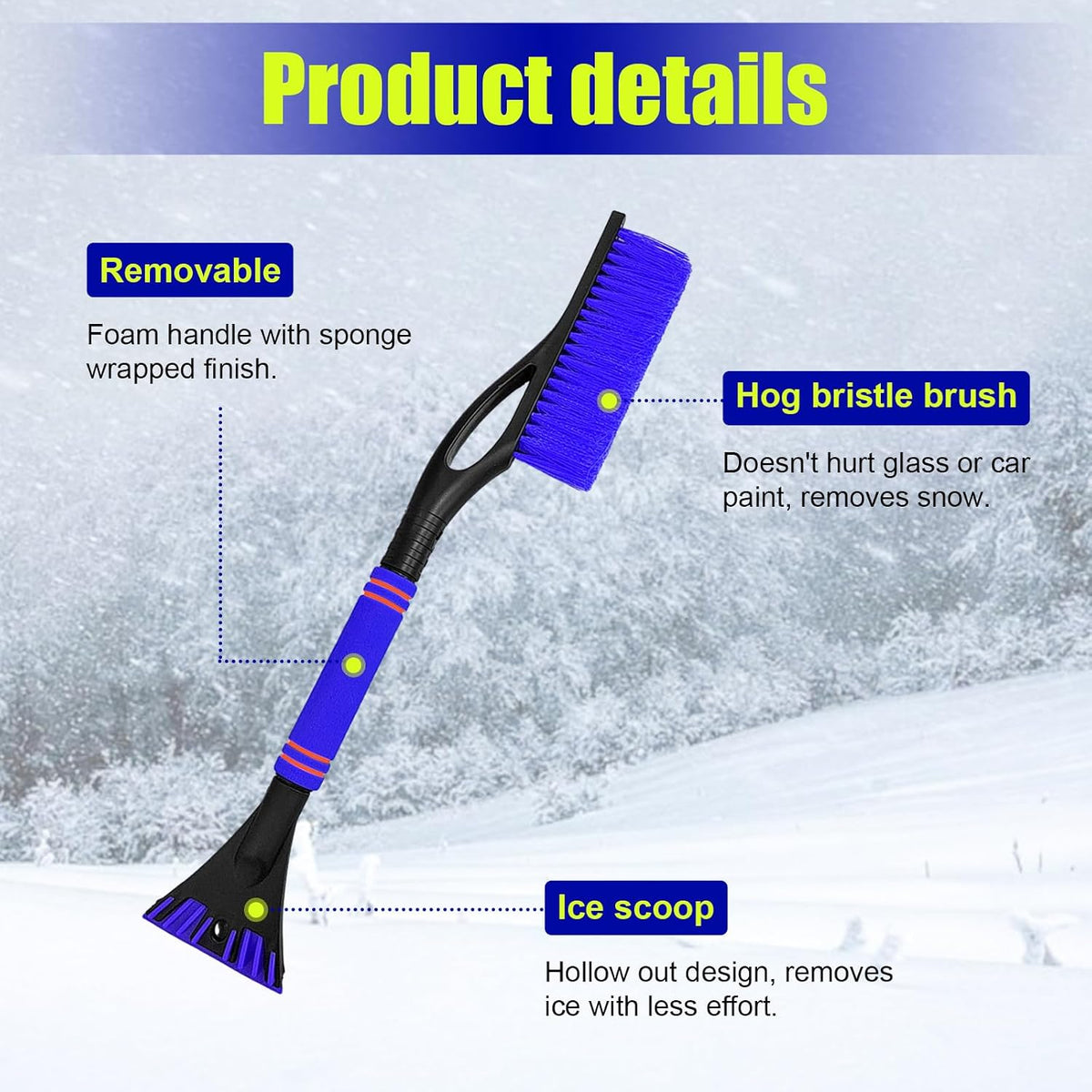 Dickno 24 Inch Car Snow Scraper and Brush, Detachable Scratch Free Ice Scraper with Ergonomic Foam Grip, Universal Winter Snow Removal Tool for Car Windshield Window (Black)