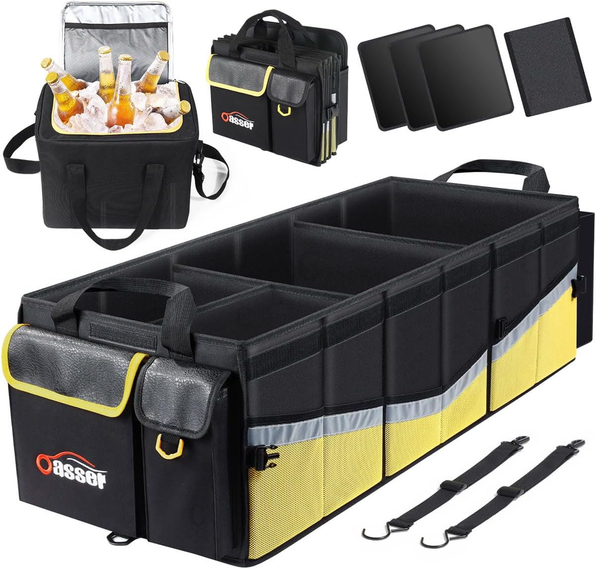 Oasser Car Trunk Organizer, 3 Compartments Collapsible Waterproof Car Organizer Storage with Foldable Cover, Reflective Strip, Non-Slip Bottom, 4 Mesh Pockets for SUV/Truck/Sedan/Camping/Road Trip