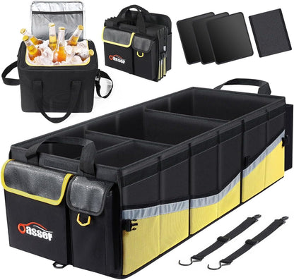 Oasser Car Trunk Organizer, 3 Compartments Collapsible Waterproof Car Organizer Storage with Foldable Cover, Reflective Strip, Non-Slip Bottom, 4 Mesh Pockets for SUV/Truck/Sedan/Camping/Road Trip