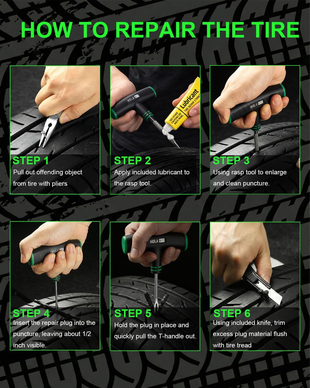 20PCS Tire Repair Kit – Flat Tire Plug Kit includes Ergonomic T-Handle Tools with Rubber Covered Grip, 2 Sizes Tire Repair strips, Knife, Tire Pressure Gauge & Lubricant – Car, SUV, Motorcycle, ATV