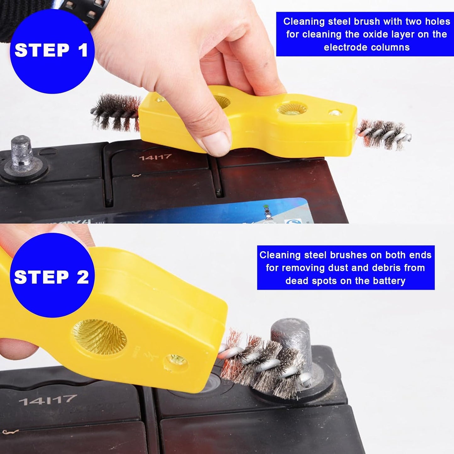 Ohleats Battery Terminal Cleaning Brush, 4 in 1 Anti-Corrosion Car Battery Cleaner, Vehicle Battery Terminals Machine Parts Cleaning Tool for Auto Marine, Universal Car Accessories (Yellow)