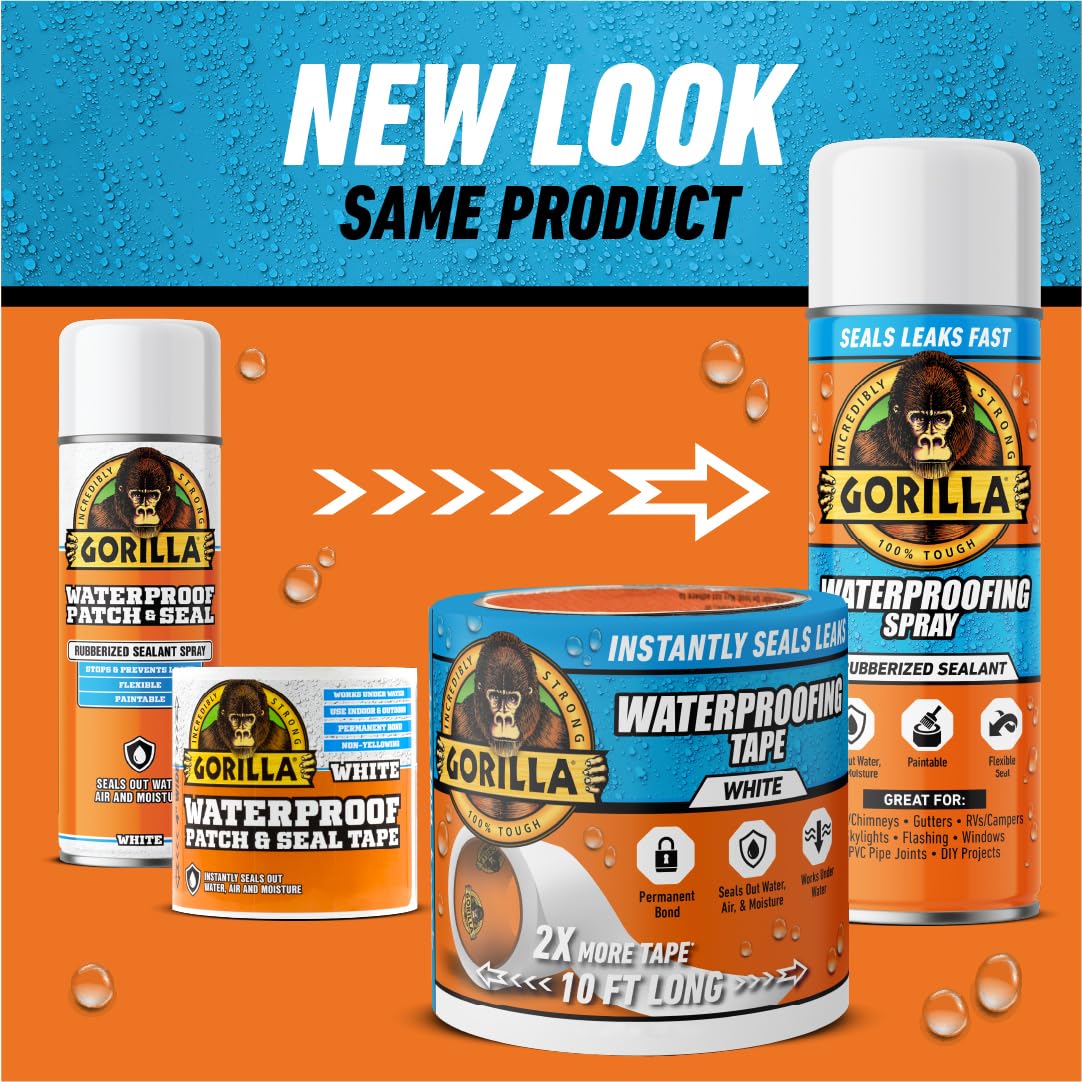 Gorilla Waterproofing Spray Clear, Flexible Rubberized Sealant Coating, Paintable UV Resistant, Seals Water Air Moisture, 14 oz (Pack of 1), for Roofs Gutters Skylights RVs Windows & More