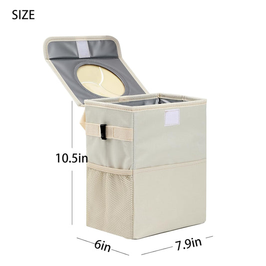 AOKJOY Car Garbage can with lid Leak Proof Vehicle Trash Can 3 Storage Pockets Hanging Waterproof car Trash Bag for SUV Beige