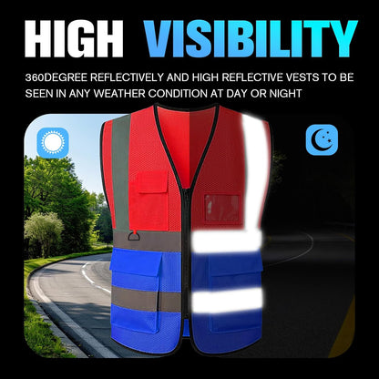 Reflective Mesh Safety Vest, Breathable Hi Vis Vest Construction Work with 5 Pockets and Zipper for Men Women