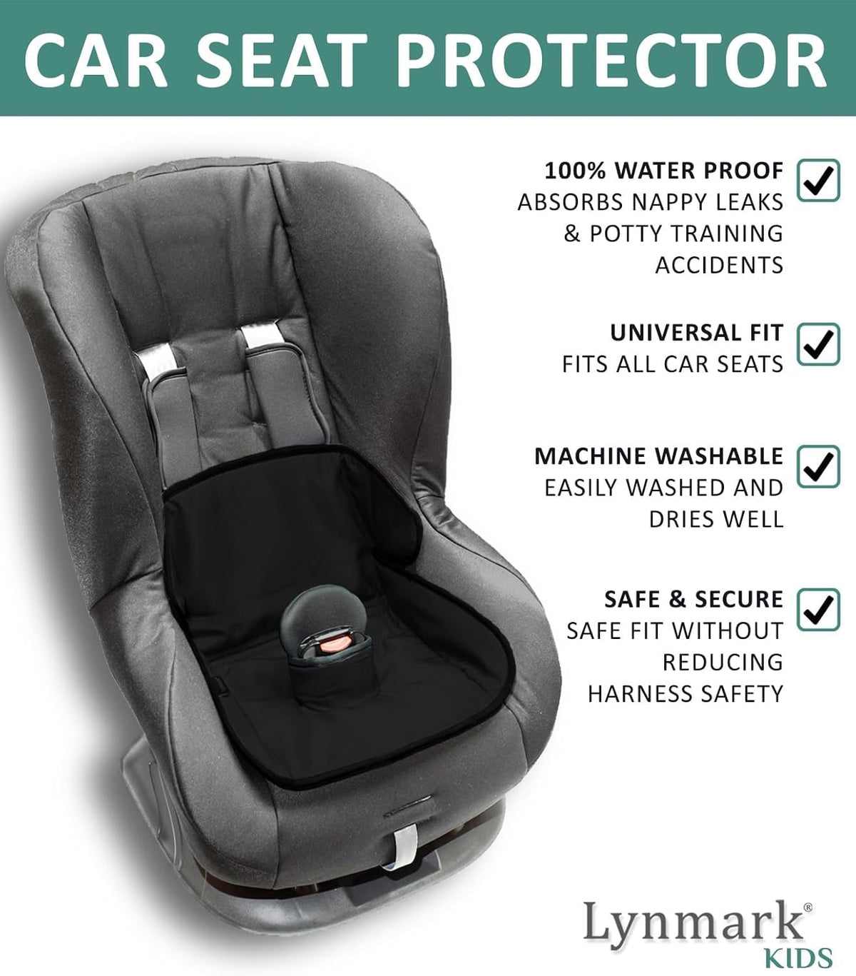 Lynmark® Potty Training Car Seat Protector Cover - Waterproof Soft Piddle Pads for Toddlers and Baby Carseat - Travel-Friendly Universal Washable Liner Mat for Spills, Nappy Leaks, Accidents - Black