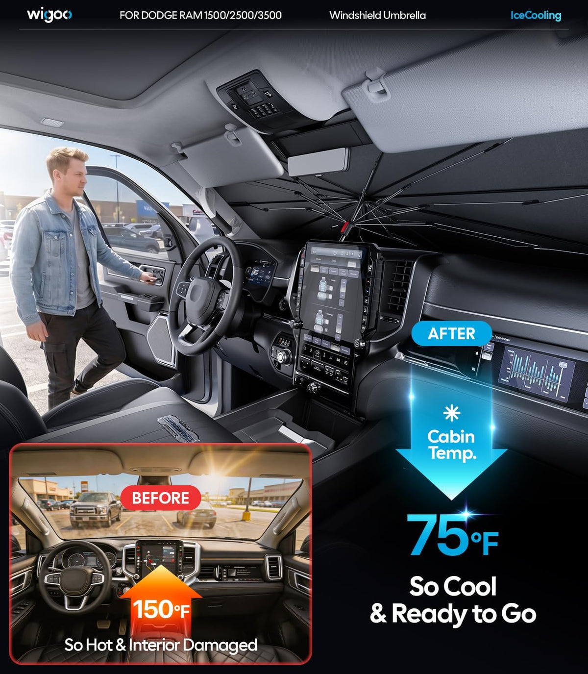 Wigoo Windshield Sun Shade Umbrella for Tesla Model Y [100% Sun Blockage, Ice Cooling Fabric] Foldable Heat Insulation Front Window Sunshade Umbrella for Tesla Model Y 2020–2026 (Juniper)