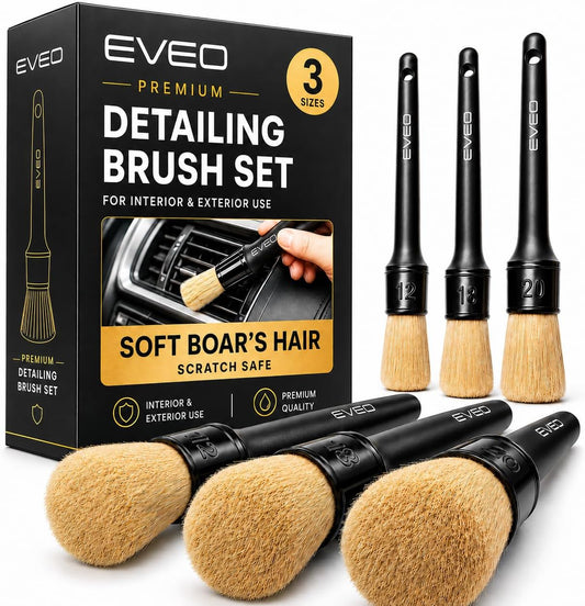 EVEO Car Detailing Brush Set - (3 Pack) Car Detailing Kit Interior, Car Interior Detailing Kit Car Detailing Brushes - Car Cleaning Brush, Car Detailing Brushes, Car Detailing Tools | Soft Boars Hair