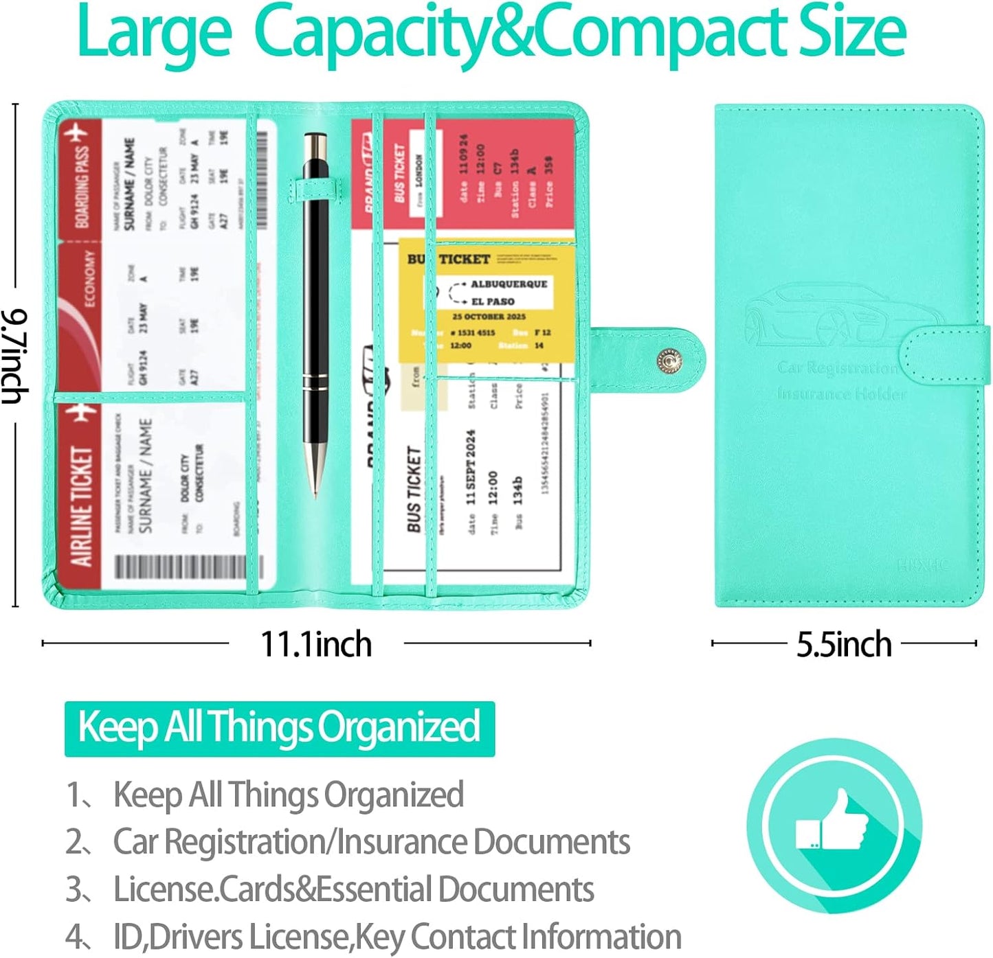Car Registration and Insurance Card Holder with Magnetic Closure, Leather Vehicle Glove Box Automobile Documents Paperwork Wallet Case Organizer for ID, Driver's License, Key Contact Information Cards