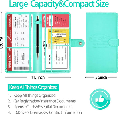Car Registration and Insurance Card Holder with Magnetic Closure, Leather Vehicle Glove Box Automobile Documents Paperwork Wallet Case Organizer for ID, Driver's License, Key Contact Information Cards