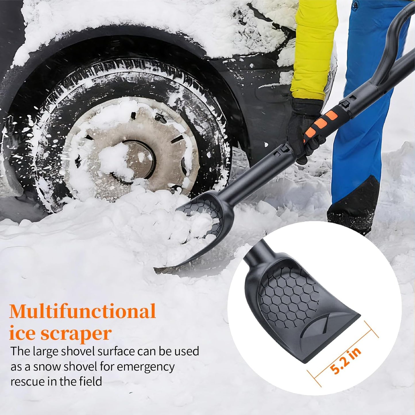 45.6" Ice Scraper and Snow Brush for Car Windshield [Silicone Bristles] ,3-in-1 Extendable Emergency Snow Shovel with Ergonomic Foam Grip and 360° Pivoting Brush Head for Christmas, Car Auto Truck SUV