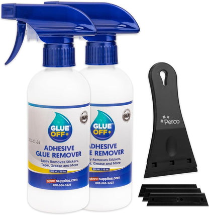 Perco Glue Off Adhesive Sticker Remover 3.3 fl. oz & Scraper with Plastic Razor for Removing Labels (Adhesive Sticker Remover & Scraper w/Plastic Razor)