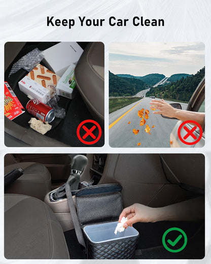 BELINOUS Leather Car Trash Can with Matching Tissue Holder, Waterproof and Leakproof Mini Car Trash Can with Lid, Small Garbage Bin with Adjustable Strap