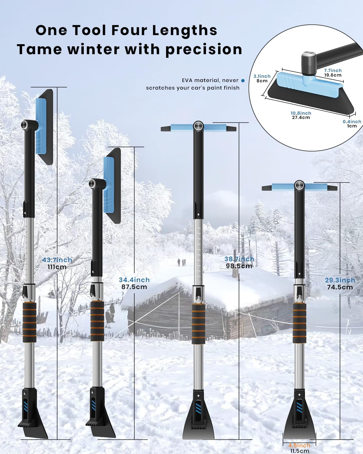 helloleiboo 43.7" Extendable Ice Scrapers for Car Windshield for 12 Adjustable Length Settings with Foam Grip and 360° Pivoting Brush Head Detachable Snow Brush for Truck SUV(Orange)