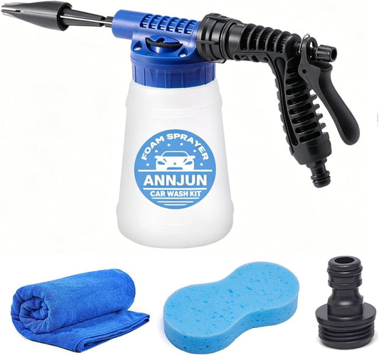 Car Wash Foam Gun Kit – Heavy Duty Spray Foam Gun with Hose Nozzle, Washing Sponge & Absorbent Towel, Adjustable Foam Cannon for Garden Cleaning, Pet Showering