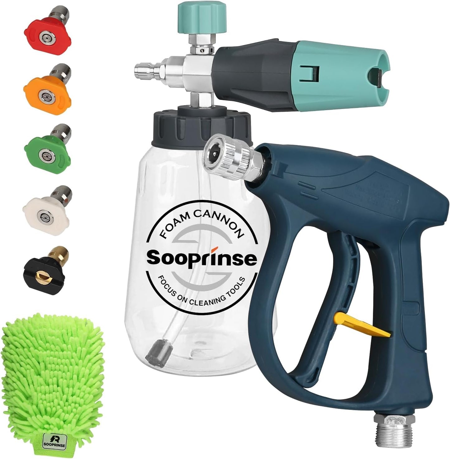 Sooprinse Short Pressure Washer Gun With Foam Cannon, High Pressure Snow Foam Lance, 1/4 Inch Quick Connector, Power Washer Blaster, Car Wash Mitt, 3000 PSI, 1 Liter