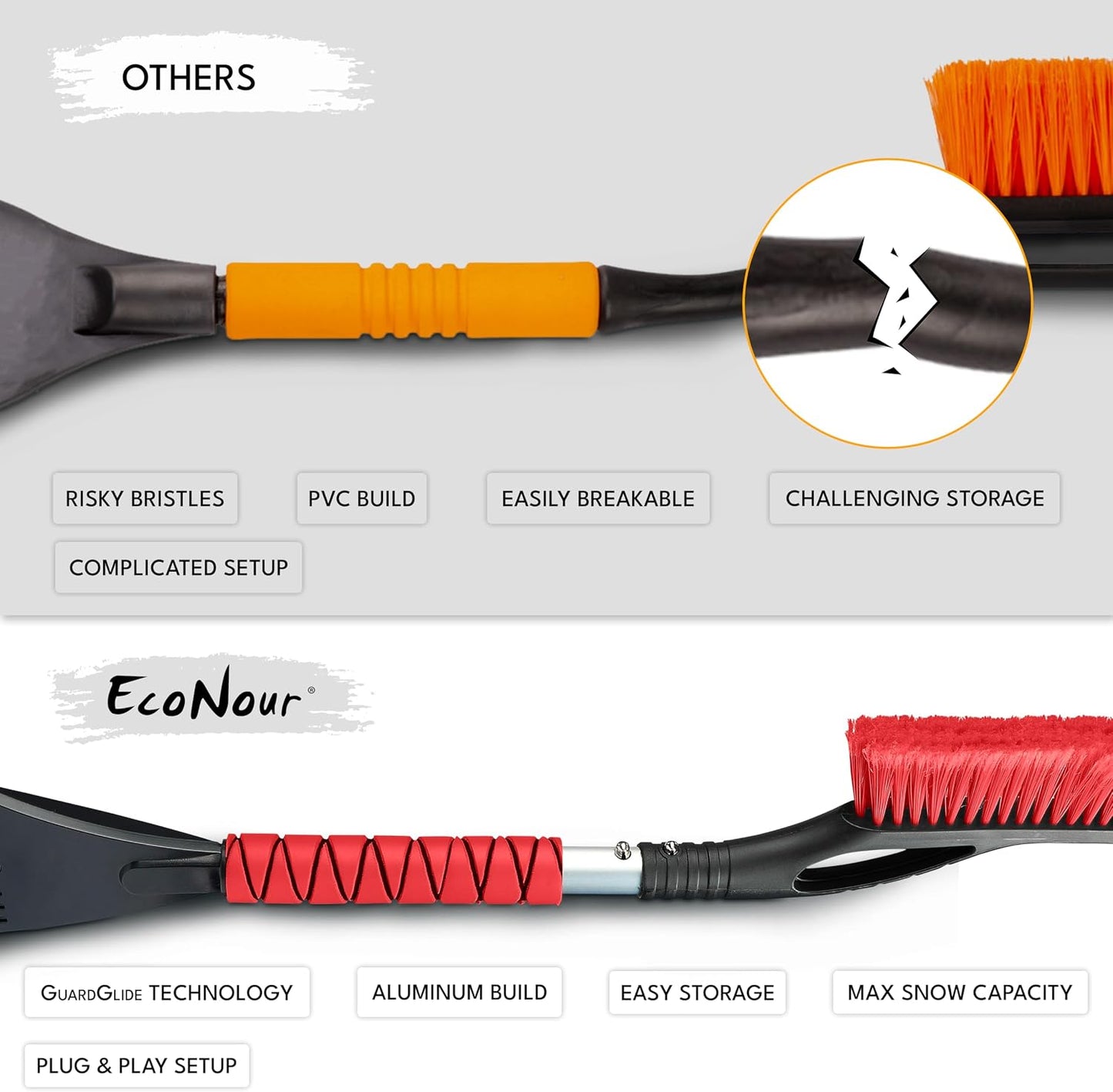 EcoNour 27" Car Snow Brush and Ice Scrapers for Car Windshield (2 Pack) | Scratch Free Bristle Head Snow Brush & Tough Window Snow Scraper with Aluminium Body | Snow Removal Winter Car Accessories