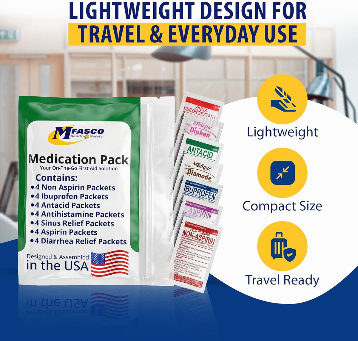 MFASCO - 7 in 1 - Travel Size Medicine Kit - TSA Approved | 28 First Aid Emergency OTC Medicine Packets for Cruise & International Travel | Compact Med Refill for Traveling & Office Assembled in USA
