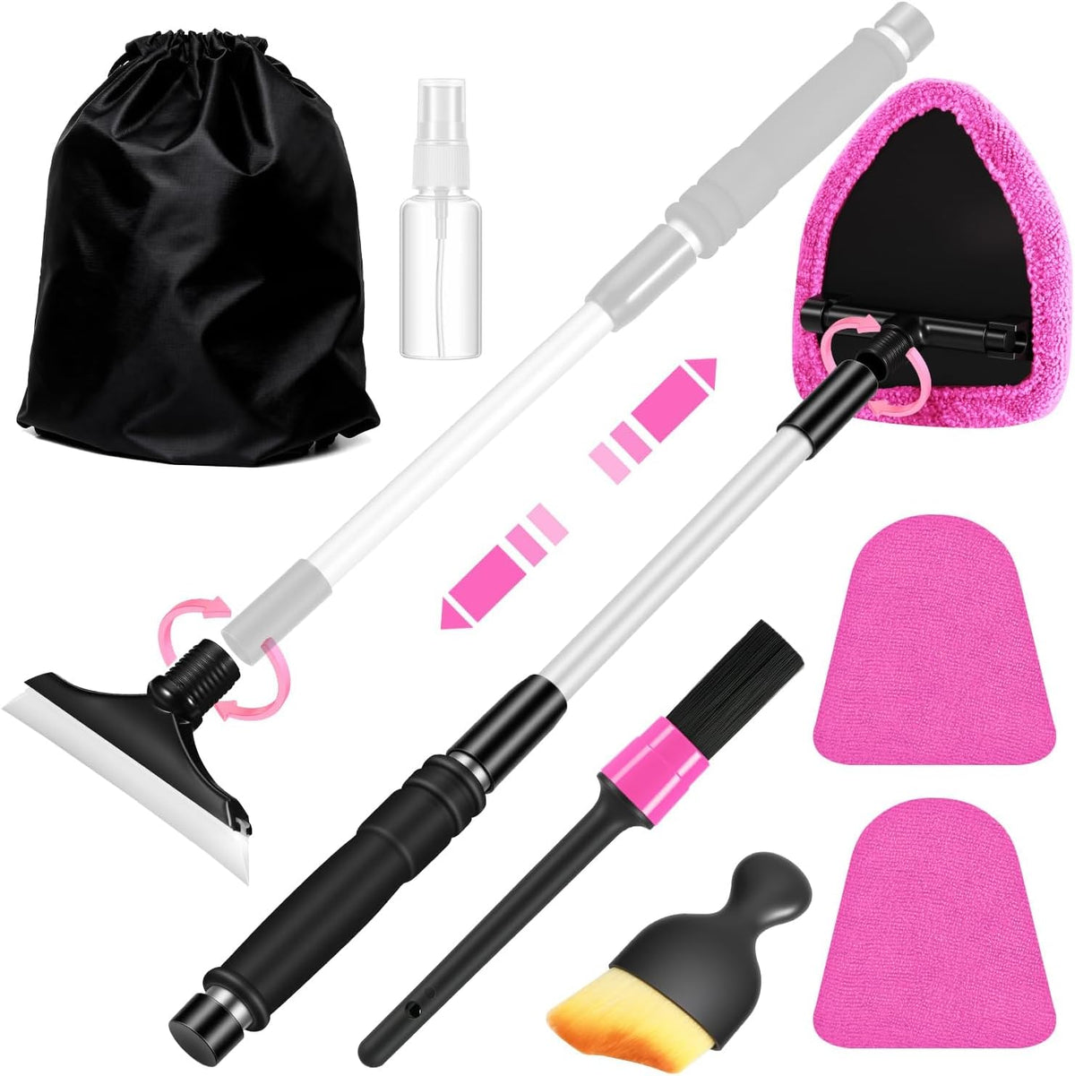 Windshield Cleaner Tool, Car Interior Cleaning Kit with Extendable Handle and 3 Reusable Microfiber Pads, Auto Glass Wiper and Detailing Brush Kit for Car & Home Window, Blue