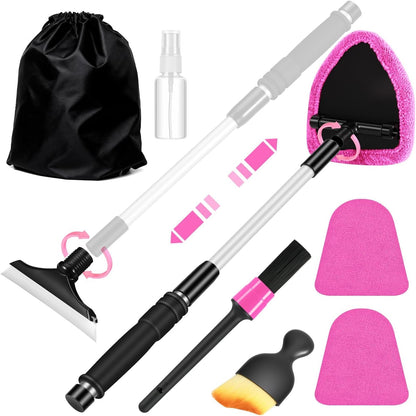 Windshield Cleaner Tool, Car Interior Cleaning Kit with Extendable Handle and 3 Reusable Microfiber Pads, Auto Glass Wiper and Detailing Brush Kit for Car & Home Window, Blue