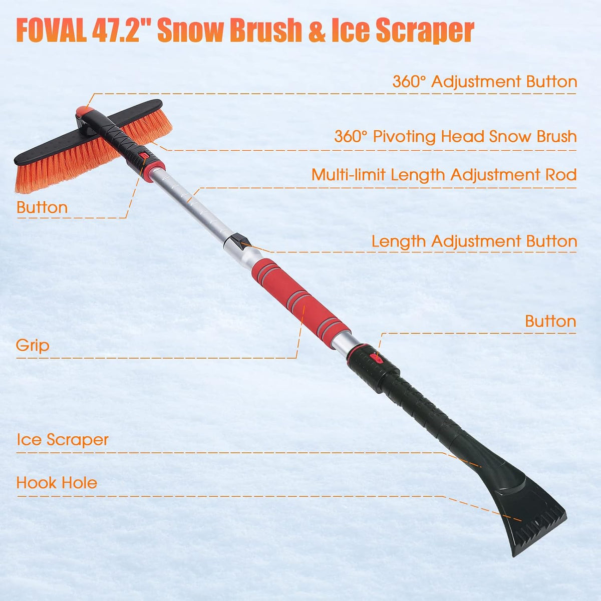 62.4" Snow Brush - Ice Scrapers for Car Windshield, 360°Pivoting Brush Head, Comfortable Foam Grip, Extendable Snow Removal Car Brush for Trucks SUVs, Essential Winter Tool