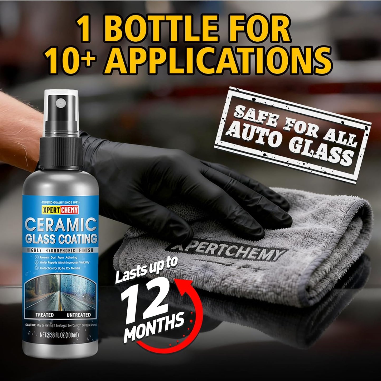 XPERTCHEMY Ceramic Rain Repellant Windshield, Glass Coating Spray, Hydrophobic Protective Formula, Advanced Rain Windshield Water Repellent for Cars, Mirrors and Other Glass Surfaces