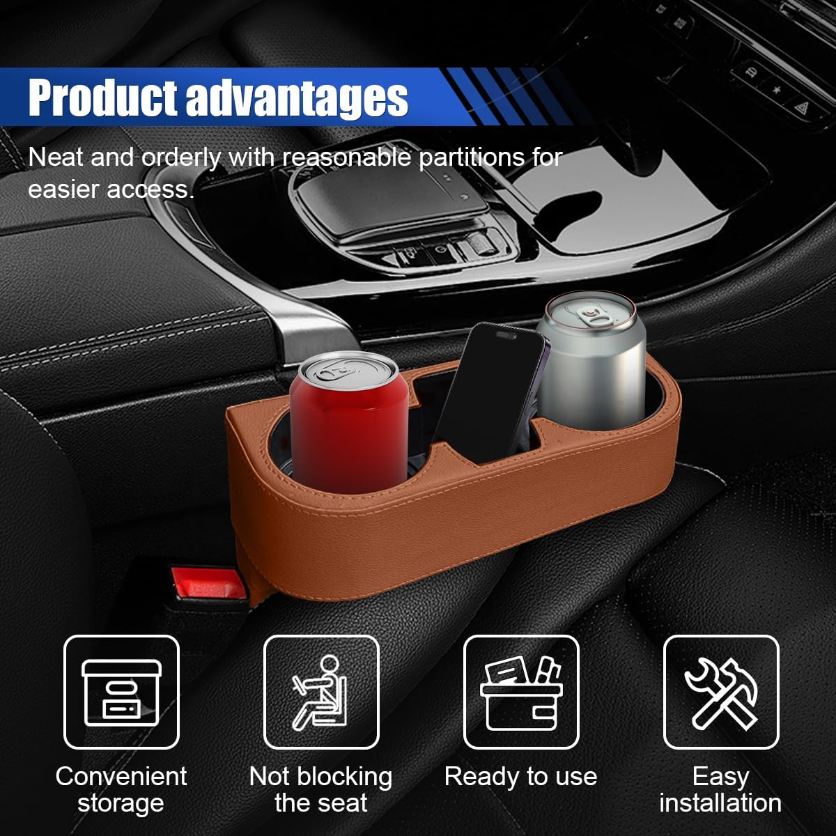 Car Cup Holder, Auto Front Seat Organizer, Multifunctional Cup Drink Holders with PU Leather Cover, Gap Filler Storage Box Coin Bucket Console Side Pocket Cell Mobile Phone Holder (Black)