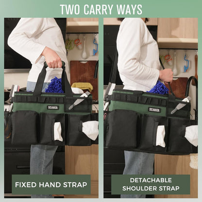SCAVATA Wearable Cleaning Caddy Bag, Supplies Organizer with Handle & Shoulder Straps for Housekeepers, Under Sink & Car Cleaning Tool Organizer with 4 Foldable Dividers (Black)