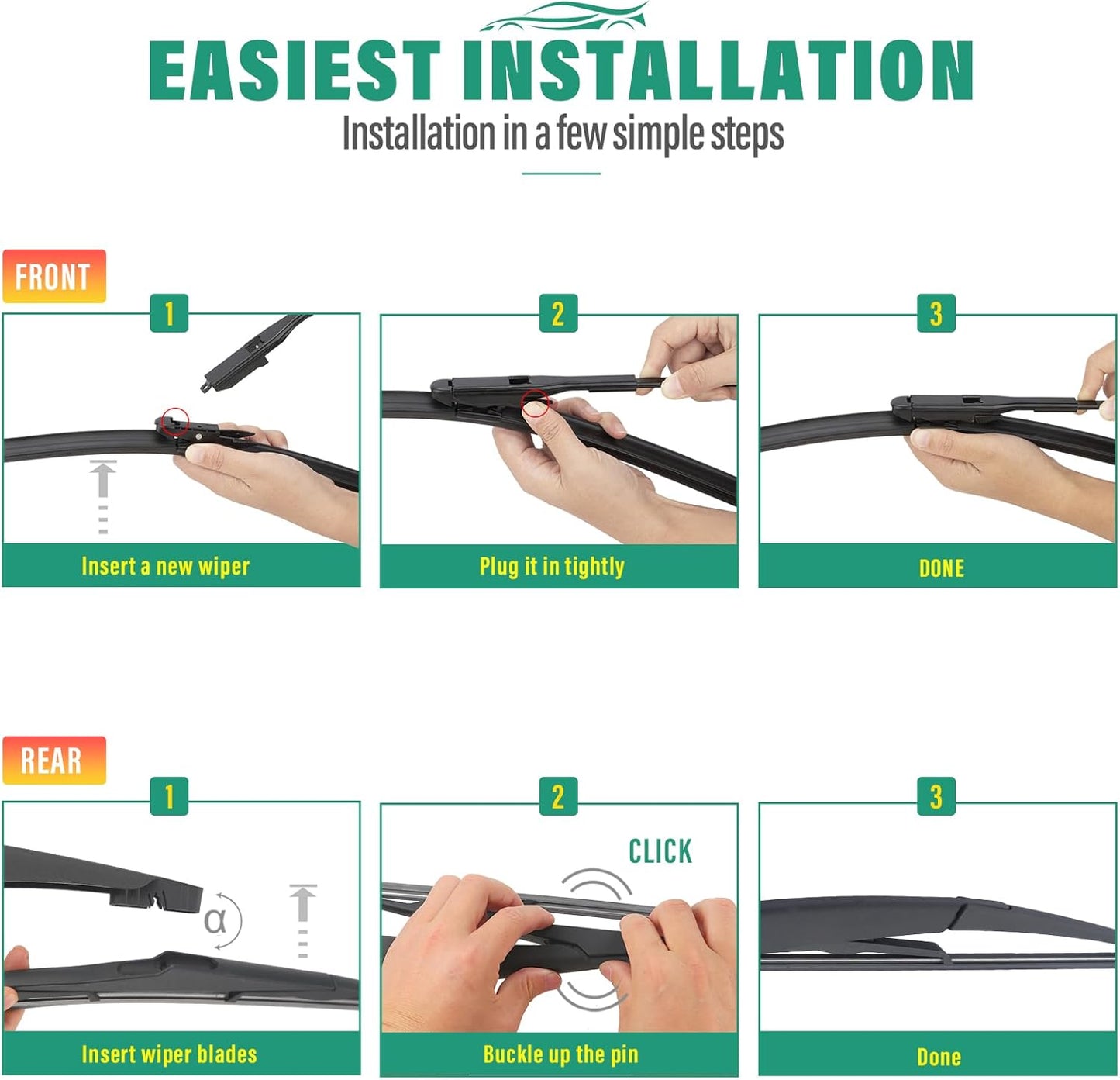26" 16" 12" Windshield Wiper Blades Replacement for Toyota RAV4 2019 2020 2021 2022 2023 2024 2025 RAV 4 / Mazda 5 2006-2015 Premium All Weather Front Rear Wipers Set - OEM Quality (Pack of 3) - Colors B