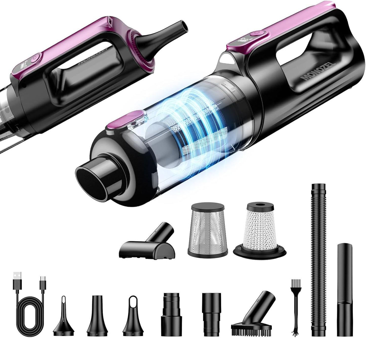 MONOZEL Car Vacuum Portable Cordless, 18000Pa 2 in 1 Vacuum Cleaner&Air Duster, 130W Brushless Motor Handheld Vacuum Cordless with 7800mAh Battery, LED Light, Multi-Nozzles for Car, Home, Office, Pet