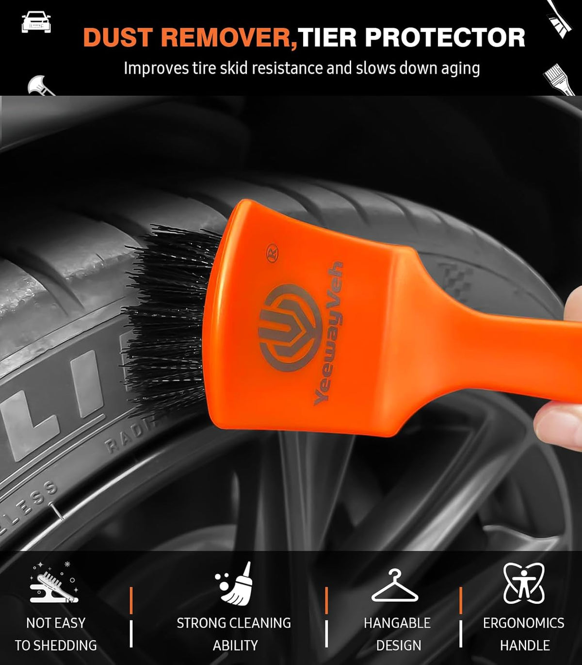 YeewayVeh 3PCS Quick Car Wheel Brush Kit, 2-Size 360° Bendale Rim Cleaner Brushes, Boars Hair Detailing Brush, Fast Scratch-Free Cleaning for Car Wheels, Motorcycle, Orange