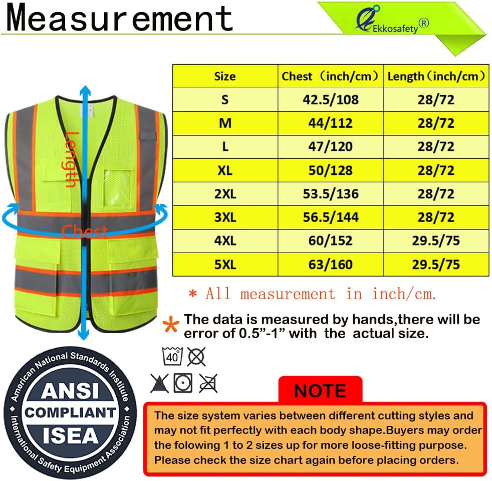 Reflective Mesh Safety Vest for Men Women with 5 Pockets and Zipper Front High Visibility Mesh Vest Hi Vis Construction Work Vest,Meets ANSI/ISEA Standards(EK175-Yellow-L)