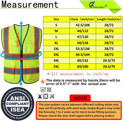 Reflective Mesh Safety Vest for Men Women with 5 Pockets and Zipper Front High Visibility Mesh Vest Hi Vis Construction Work Vest,Meets ANSI/ISEA Standards(EK175-Yellow-L)