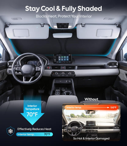 Wigoo Tesla New Model Y Accessories Windshield Sunshade [OEM Design, 100% Sun Blockage] Foldable Heat Insulation Sunshade with Storage Bag, for Model Y 2020~2026 (Juniper), Silver Coating - Colors B