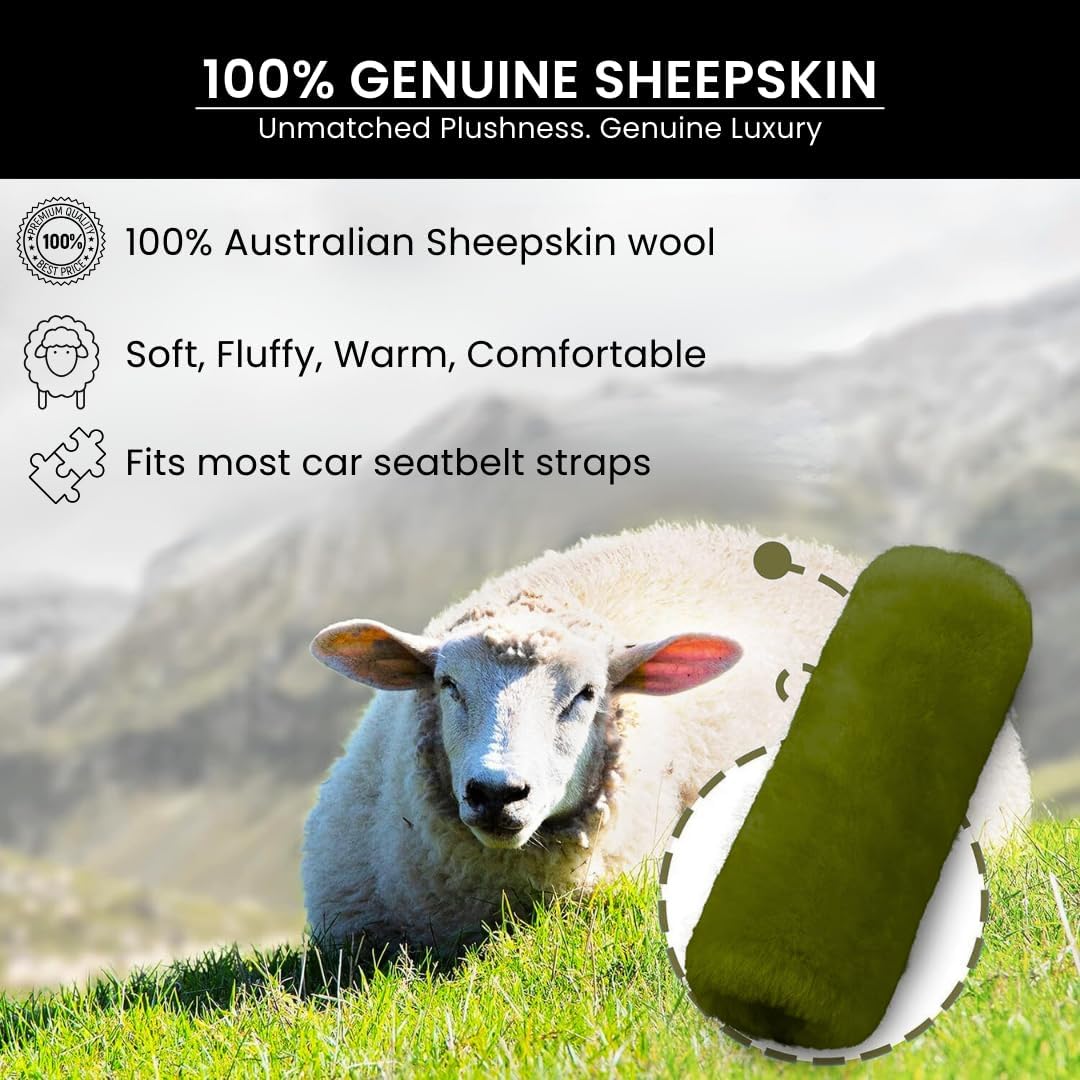 Andalus Brands 2 Pack Genuine Merino Wool Sheepskin Seat Belt Cover – Soft Shoulder Pad, Neck Cushion Protector – Authentic Car Accessories (Pearl)