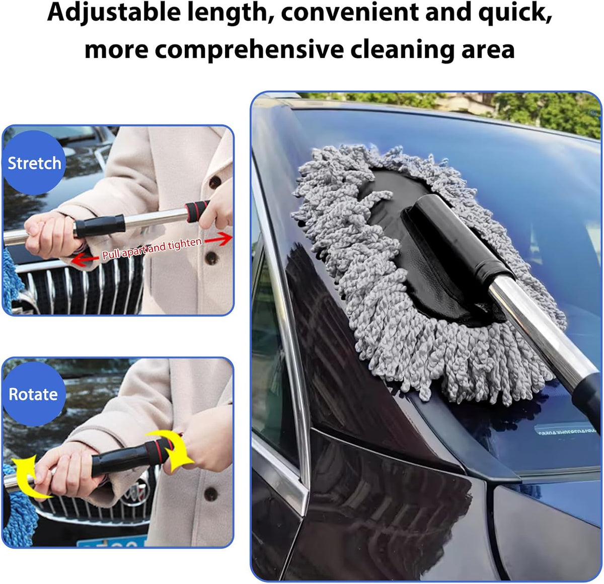 2 PCS Microfiber Car Dusters, Scratch Free Auto Exterior Dust Brust Set with Extendable Duster, Multipurpose Soft Brushes Dusting Supplies for Cars Trucks SUVs Motorcycles (Blue)