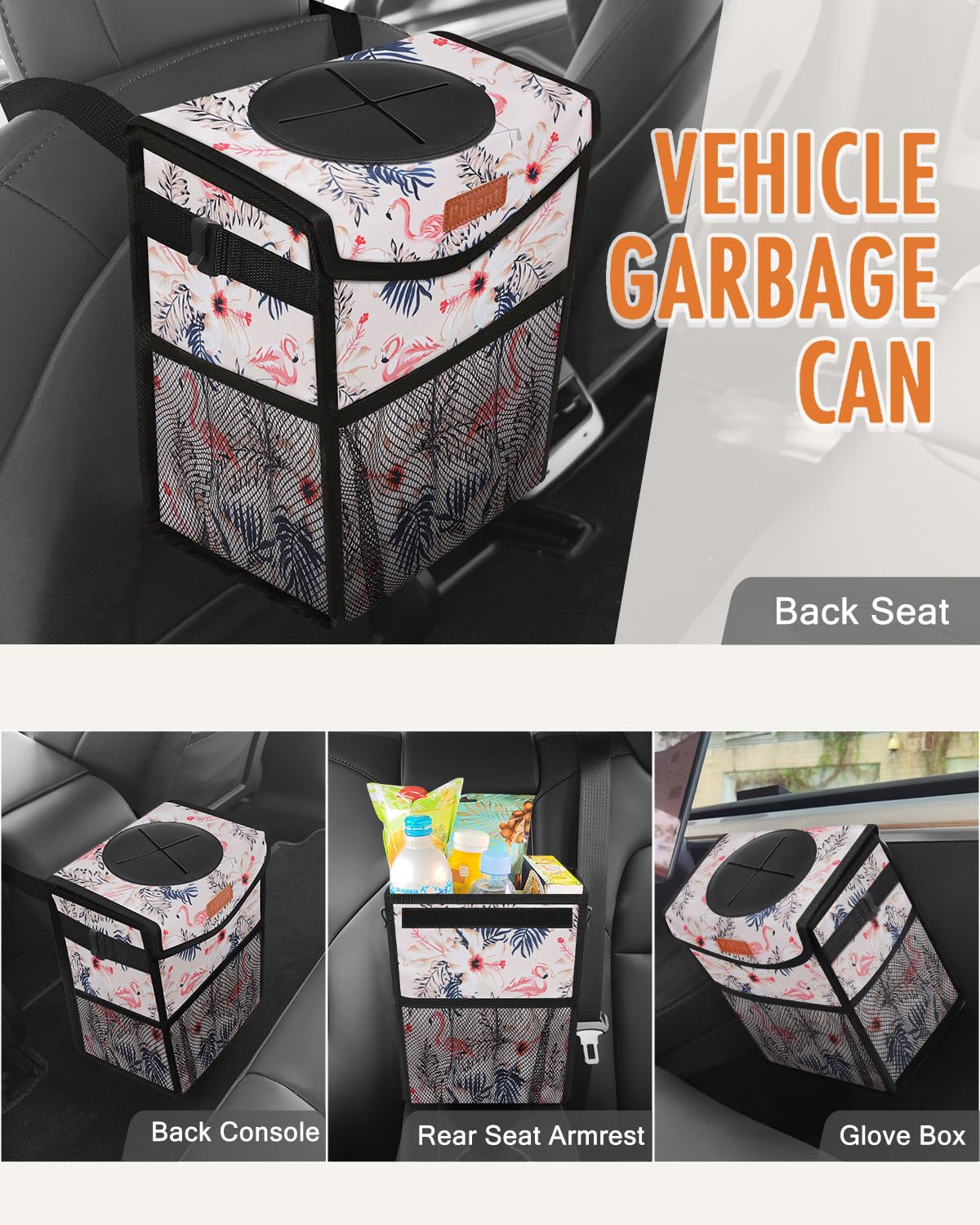 Pritent Car Trash Can with Lid, Cute Leakproof Car Trash Garbage Bag Hanging Vehicle Trash Bin Small Portable Automotive Garbage Cans Organizer for Back/Front Seat/Console(Trapezoid,Black)