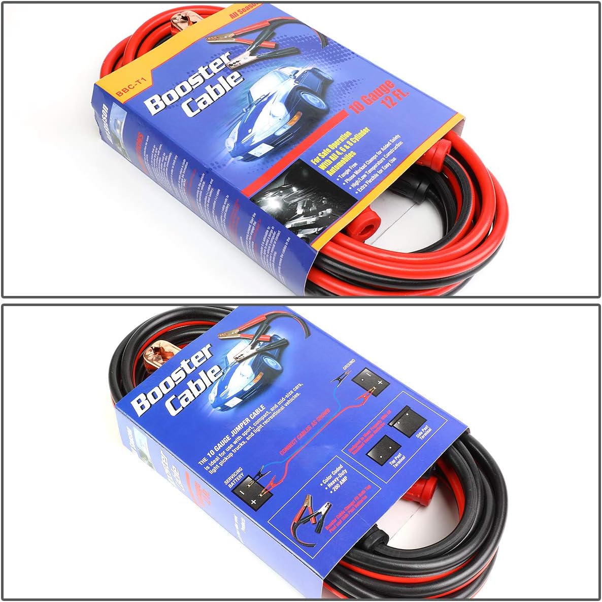 DNA MOTORING 12ft 10Gauge Jumper Cables for Car Battery, Heavy Duty Automotive Booster Cables for Jump Starting Dead or Weak Batteries, BBC-T1