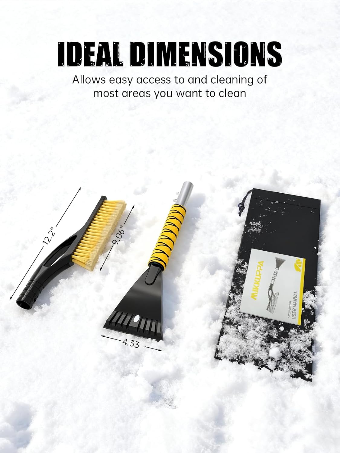 MIKKUPPA 27'' Snow Brush and Ice Scrapers for Car Windshield - Detachable Windshield Scraper, Snow Removal Tool with Curved Connector & Ergonomic Foam Grip for Cars, Trucks, SUVs (Yellow)