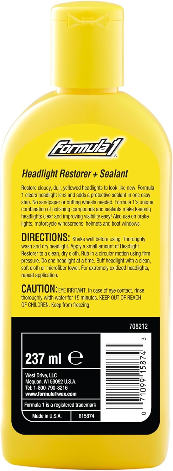 Formula 1 Headlight Restorer & Sealant – One Step Polish to Clean & Renew Yellowed Headlights, Windscreens, or Exterior Plastics (8 oz.)