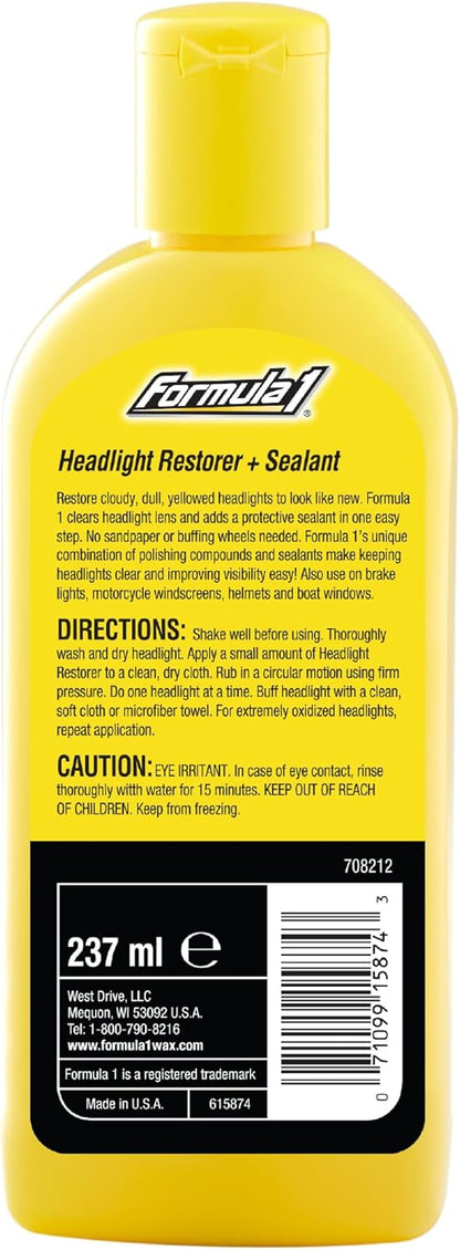 Formula 1 Headlight Restorer & Sealant – One Step Polish to Clean & Renew Yellowed Headlights, Windscreens, or Exterior Plastics (8 oz.)