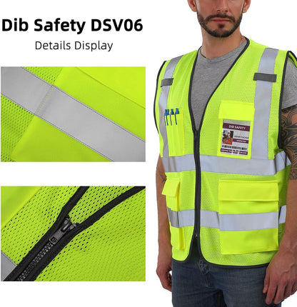Dib Safety Reflective Safety Vest for Men Women, High Visibility Vest with Pockets and Zipper, ANSI Class 2